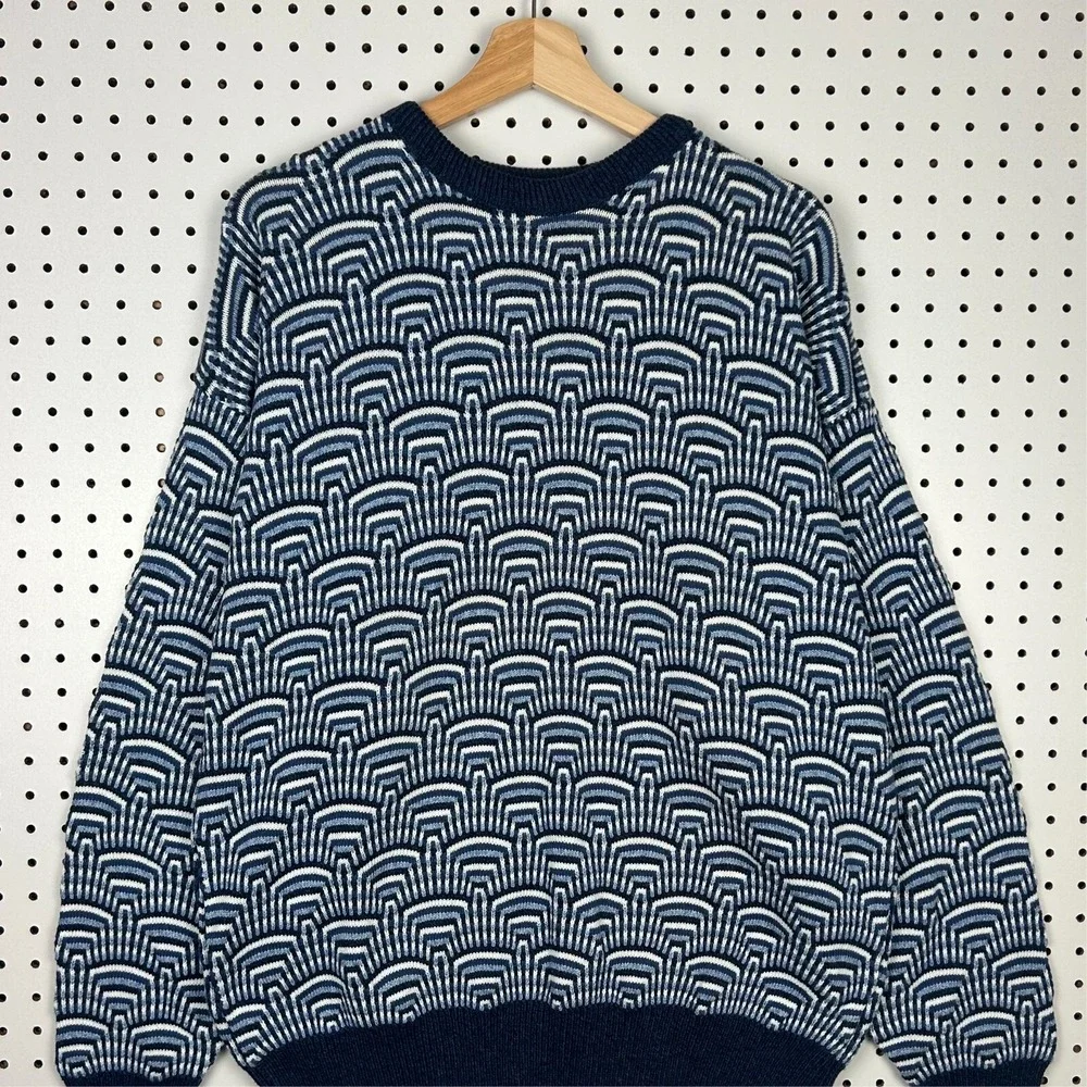 Vintage Chunky Knit‎ Sweater Size XL Blue Monochrome Design USA Grandpa 90s PDX
